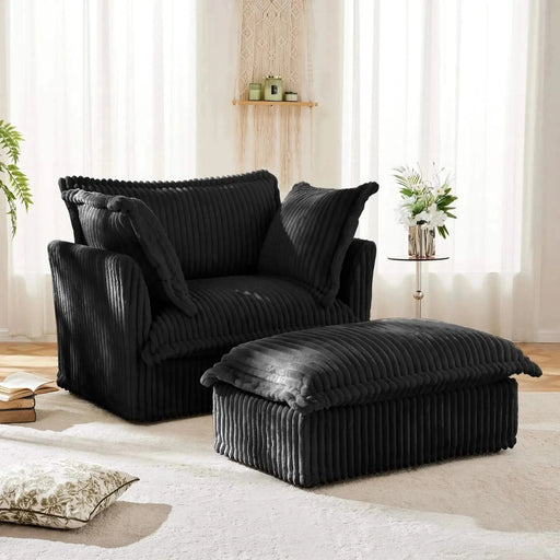 Upholstered Slipcovered Armchair with Ottoman, Deep Seat Armchair W/ Wide Ottoman for Living Room, Armchair Sets with Large Soft Pillows(Set of 2)Corduroy Fabric Black -DTYStore