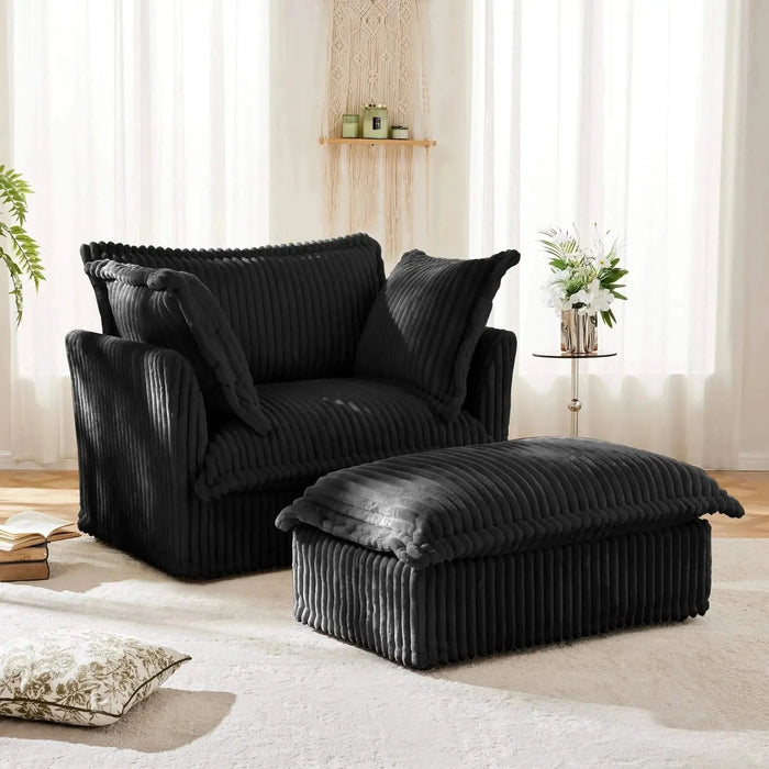 Upholstered Slipcovered Armchair with Ottoman, Deep Seat Armchair W/ Wide Ottoman for Living Room, Armchair Sets with Large Soft Pillows(Set of 2)Corduroy Fabric Black -DTYStore