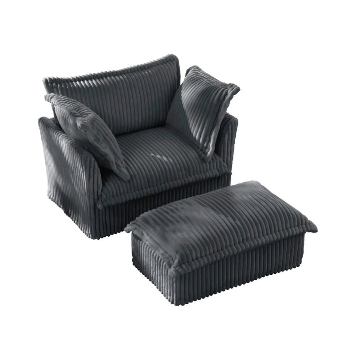 Upholstered Slipcovered Armchair with Ottoman, Deep Seat Armchair W/ Wide Ottoman for Living Room, Armchair Sets with Large Soft Pillows(Set of 2)Corduroy Fabric Gray -DTYStore
