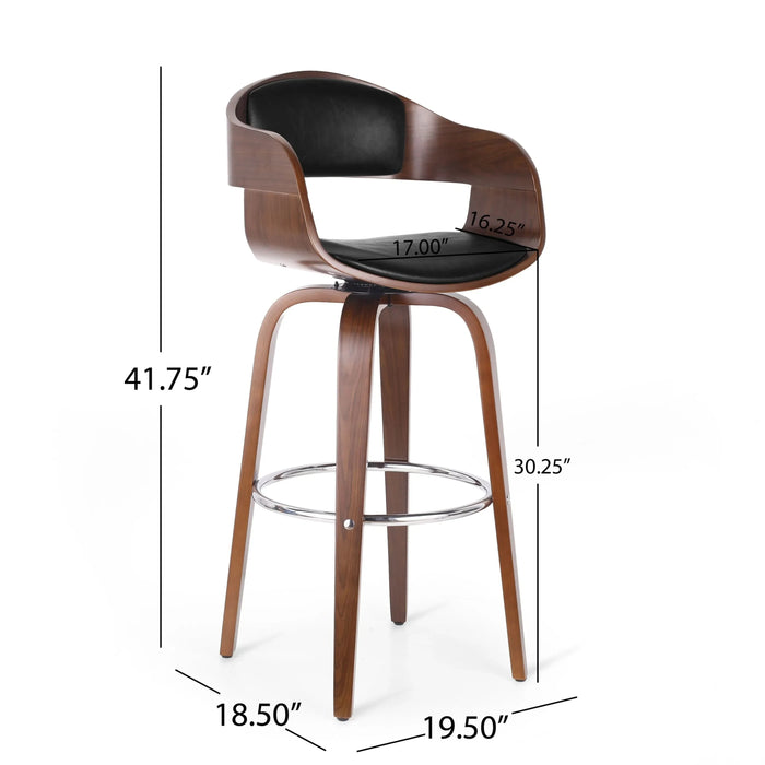 Upholstered Swivel Barstool with Wood Frame and Chrome Footrest, Walnut and Black Default -DTYStore
