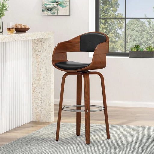 Upholstered Swivel Barstool with Wood Frame and Chrome Footrest, Walnut and Black Default -DTYStore