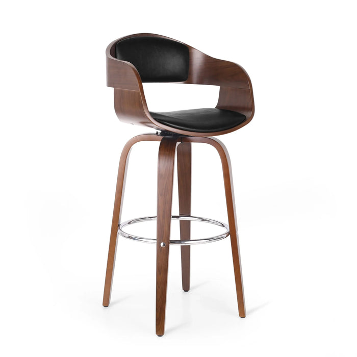 Upholstered Swivel Barstool with Wood Frame and Chrome Footrest, Walnut and Black Default -DTYStore