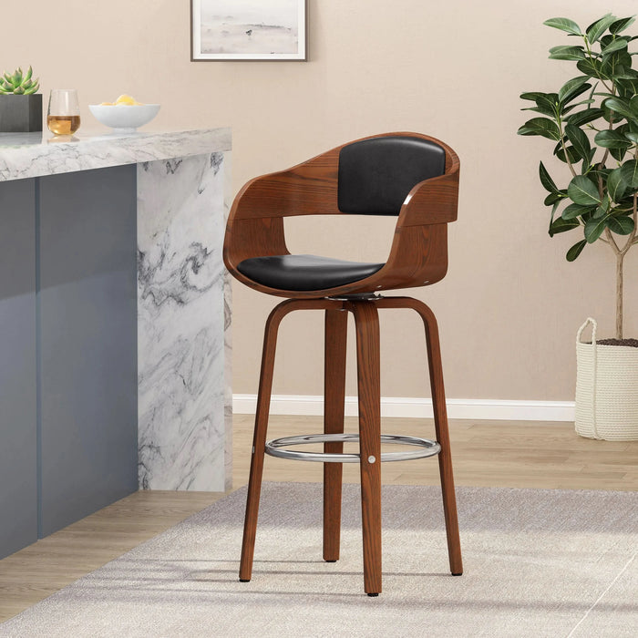 Upholstered Swivel Barstool with Wood Frame and Chrome Footrest, Walnut and Black Default -DTYStore