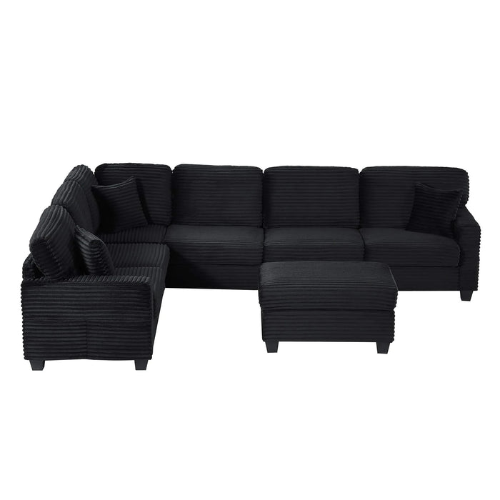 Upholstered U-shaped Sectional Sofa with Movable Ottoman and Side Storage Pockets in Black Corduroy, 125.2 inches Default -DTYStore