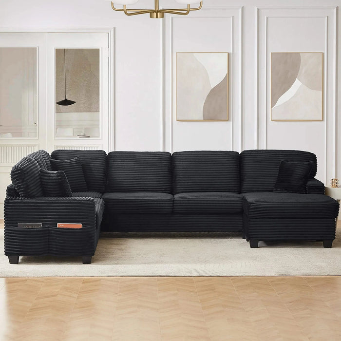 Upholstered U-shaped Sectional Sofa with Movable Ottoman and Side Storage Pockets in Black Corduroy, 125.2 inches Default -DTYStore