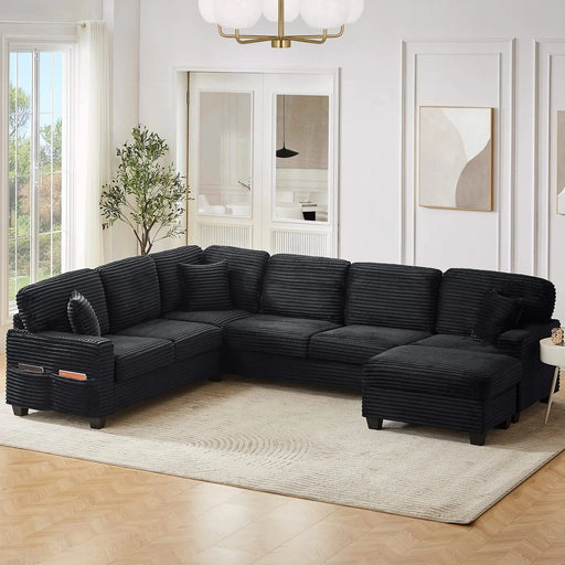 Upholstered U-shaped Sectional Sofa with Movable Ottoman and Side Storage Pockets in Black Corduroy, 125.2 inches Default -DTYStore