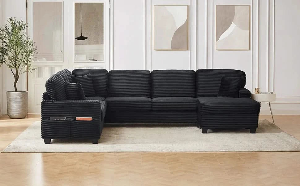 Upholstered U-shaped Sectional Sofa with Movable Ottoman and Side Storage Pockets in Black Corduroy, 125.2 inches Default -DTYStore