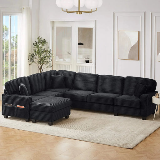 Upholstered U-shaped Sectional Sofa with Movable Ottoman and Side Storage Pockets in Black Corduroy, 125.2 inches Default -DTYStore