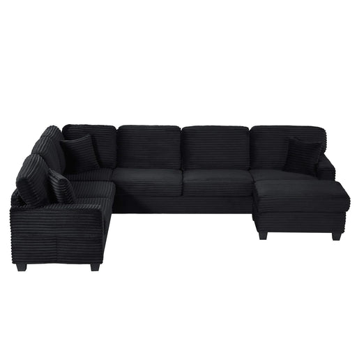 Upholstered U-shaped Sectional Sofa with Movable Ottoman and Side Storage Pockets in Black Corduroy, 125.2 inches Default -DTYStore