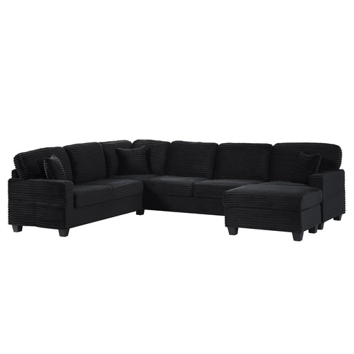 Upholstered U-shaped Sectional Sofa with Movable Ottoman and Side Storage Pockets in Black Corduroy, 125.2 inches Default -DTYStore