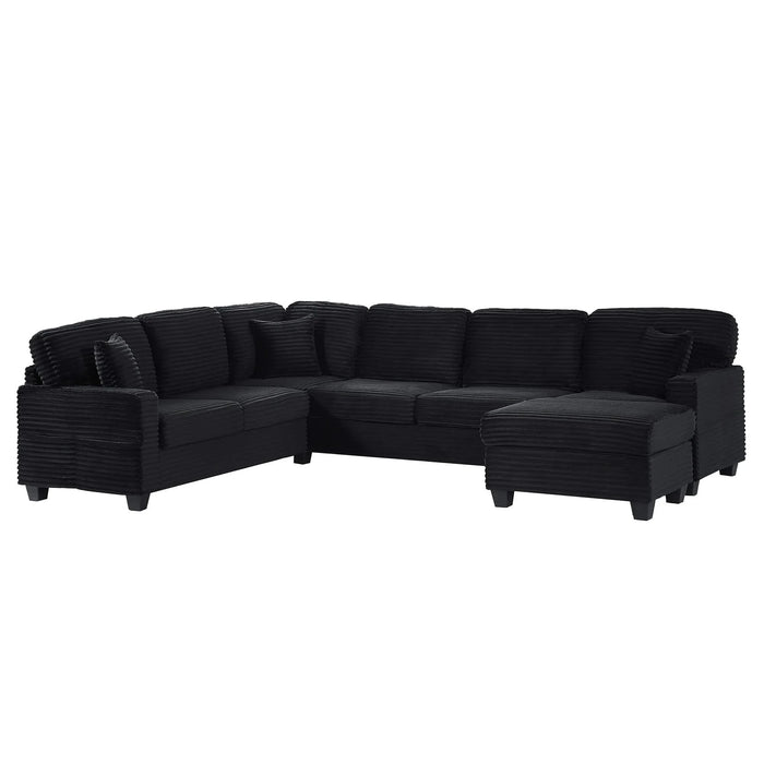 Upholstered U-shaped Sectional Sofa with Movable Ottoman and Side Storage Pockets in Black Corduroy, 125.2 inches Default -DTYStore