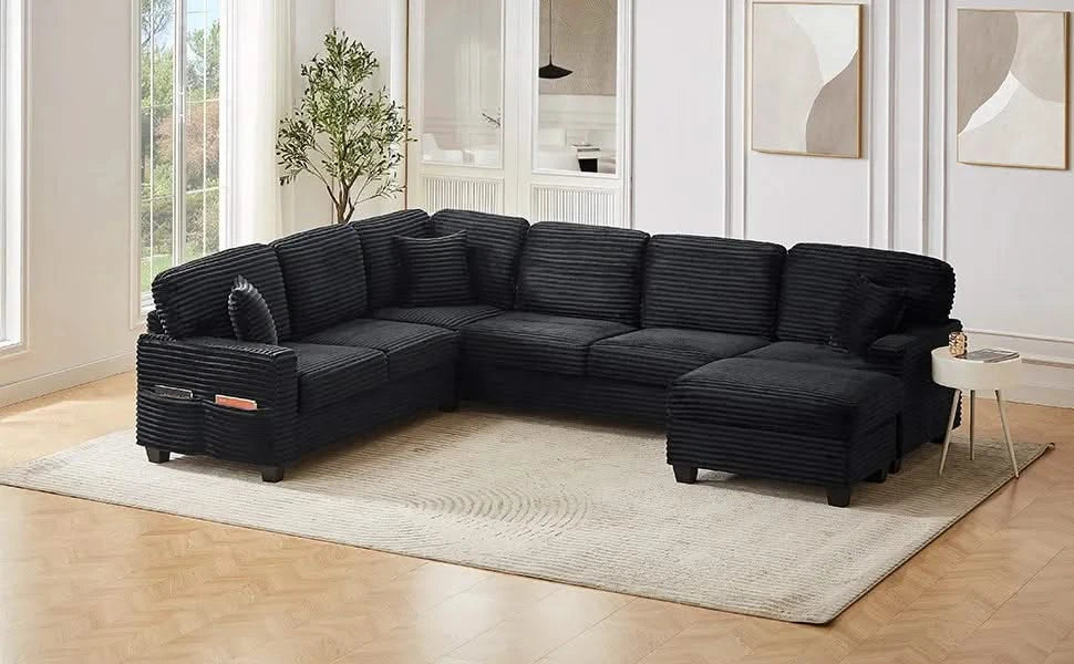 Upholstered U-shaped Sectional Sofa with Movable Ottoman and Side Storage Pockets in Black Corduroy, 125.2 inches Default -DTYStore