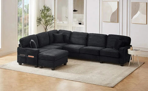 Upholstered U-shaped Sectional Sofa with Movable Ottoman and Side Storage Pockets in Black Corduroy, 125.2 inches Default -DTYStore