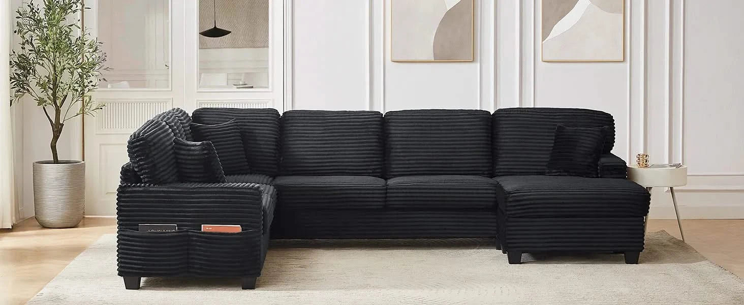 Upholstered U-shaped Sectional Sofa with Movable Ottoman and Side Storage Pockets in Black Corduroy, 125.2 inches Default -DTYStore
