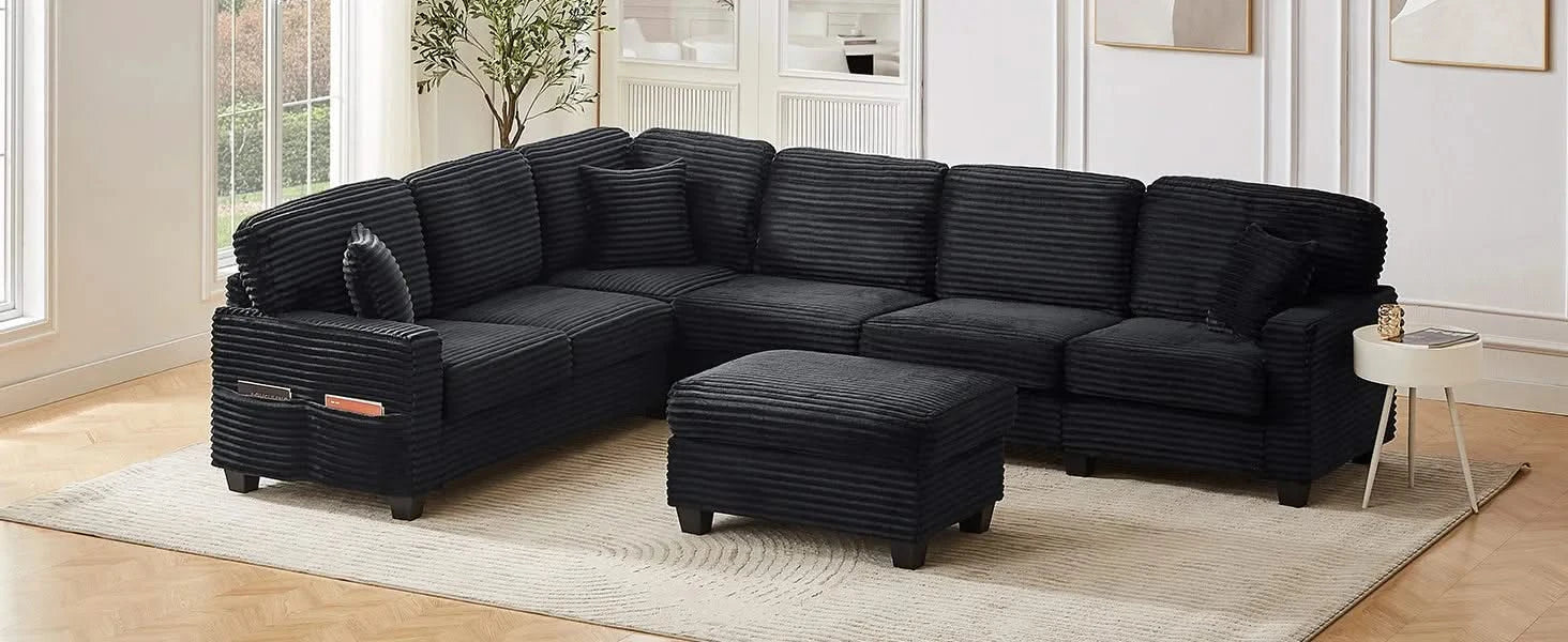 Upholstered U-shaped Sectional Sofa with Movable Ottoman and Side Storage Pockets in Black Corduroy, 125.2 inches Default -DTYStore
