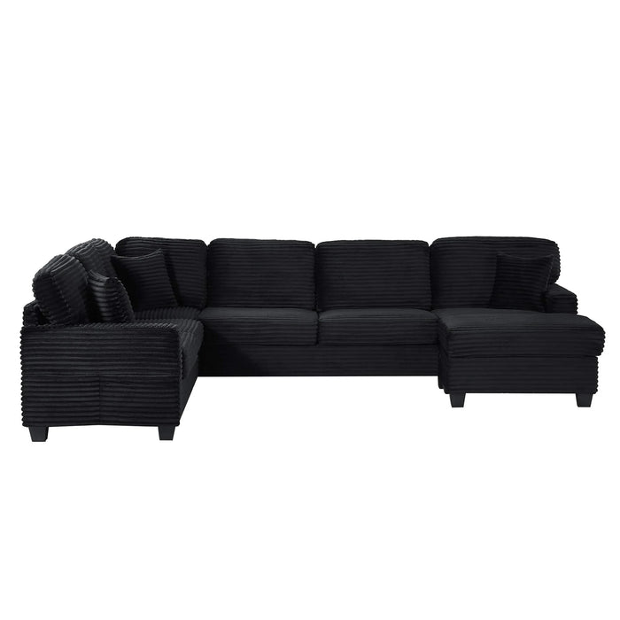 Upholstered U-shaped Sectional Sofa with Movable Ottoman and Side Storage Pockets in Black Corduroy, 125.2 inches Default -DTYStore