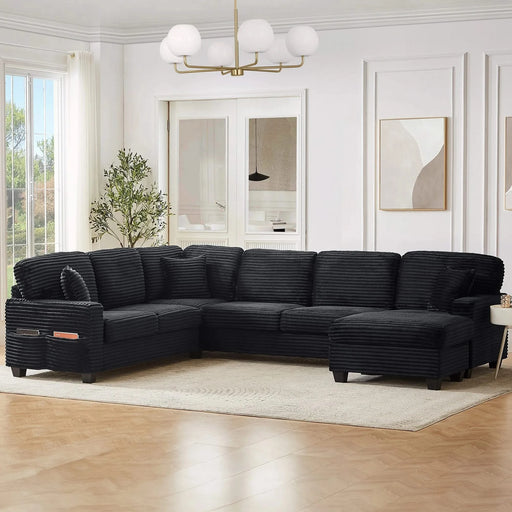 Upholstered U-shaped Sectional Sofa with Movable Ottoman and Side Storage Pockets in Black Corduroy, 125.2 inches Default -DTYStore