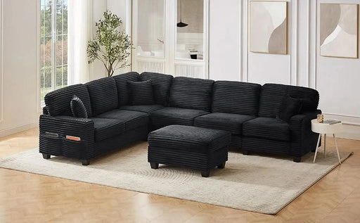 Upholstered U-shaped Sectional Sofa with Movable Ottoman and Side Storage Pockets in Black Corduroy, 125.2 inches Default -DTYStore