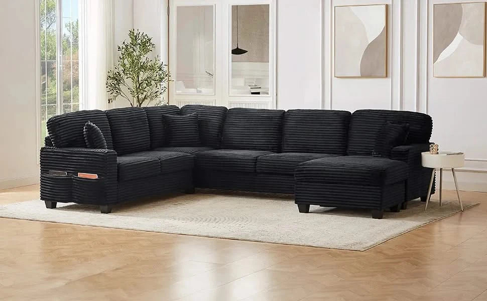 Upholstered U-shaped Sectional Sofa with Movable Ottoman and Side Storage Pockets in Black Corduroy, 125.2 inches Default -DTYStore