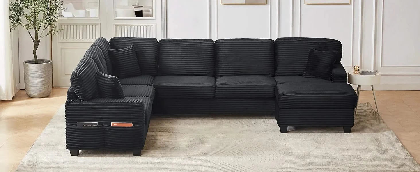 Upholstered U-shaped Sectional Sofa with Movable Ottoman and Side Storage Pockets in Black Corduroy, 125.2 inches Default -DTYStore