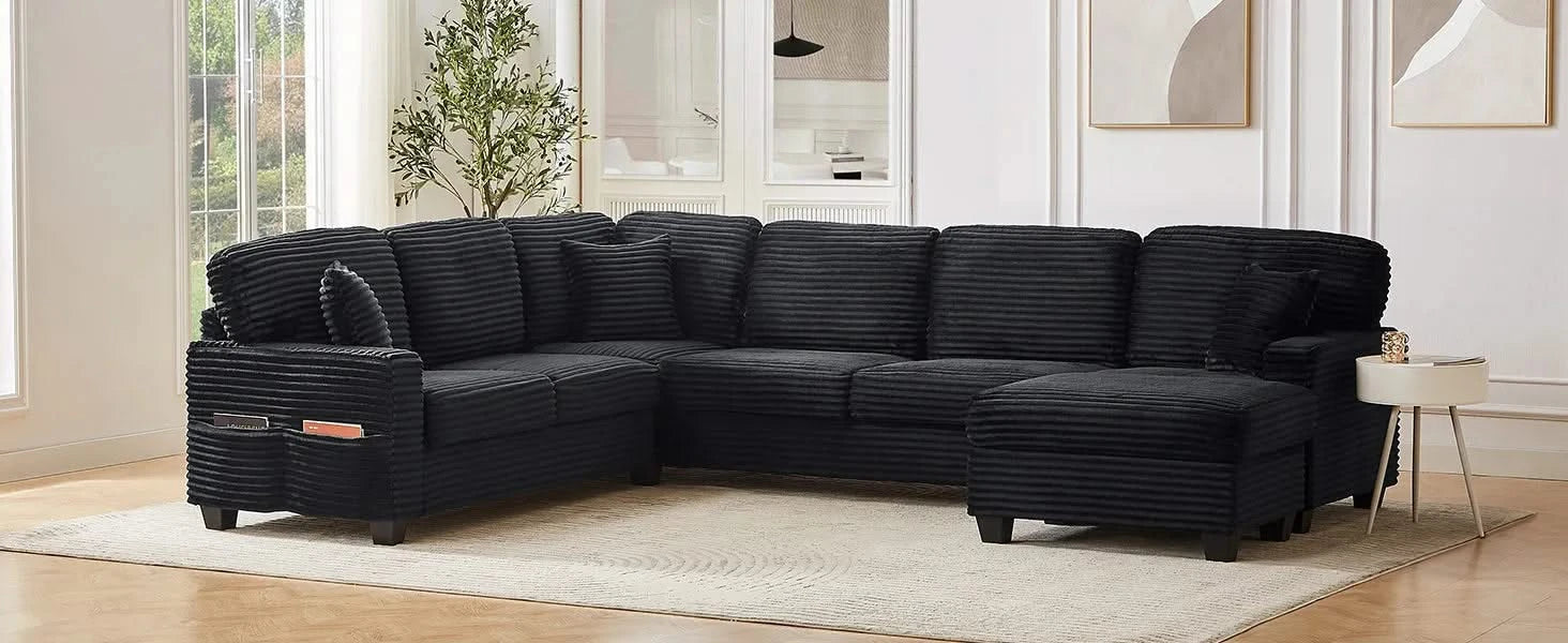 Upholstered U-shaped Sectional Sofa with Movable Ottoman and Side Storage Pockets in Black Corduroy, 125.2 inches Default -DTYStore