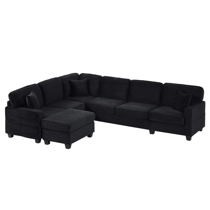 Upholstered U-shaped Sectional Sofa with Movable Ottoman and Side Storage Pockets in Black Corduroy, 125.2 inches Default -DTYStore