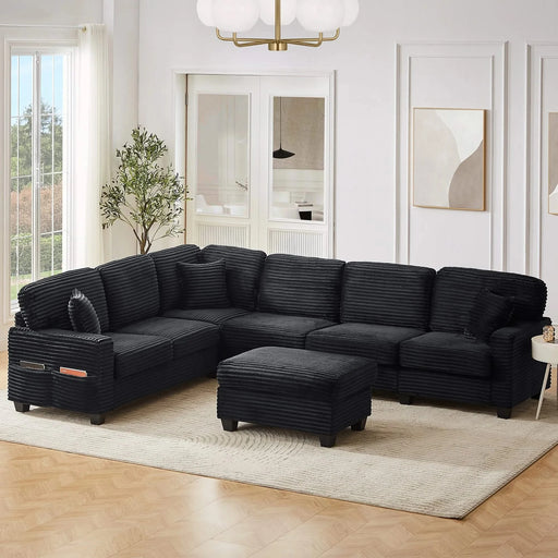 Upholstered U-shaped Sectional Sofa with Movable Ottoman and Side Storage Pockets in Black Corduroy, 125.2 inches Default -DTYStore