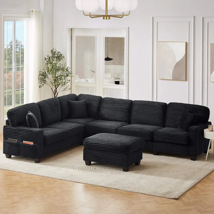 Upholstered U-shaped Sectional Sofa with Movable Ottoman and Side Storage Pockets in Black Corduroy, 125.2 inches Default -DTYStore