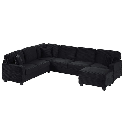 Upholstered U-shaped Sectional Sofa with Movable Ottoman and Side Storage Pockets in Black Corduroy, 125.2 inches Default -DTYStore