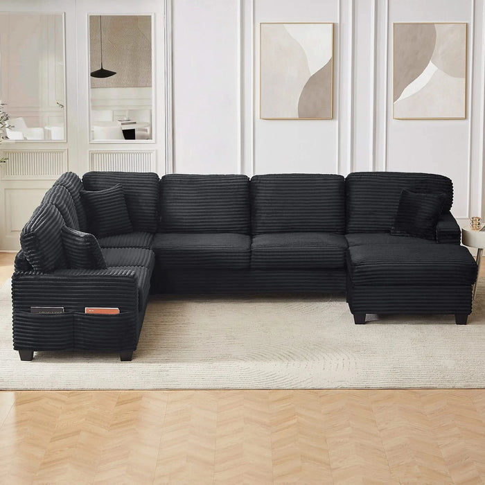 Upholstered U-shaped Sectional Sofa with Movable Ottoman and Side Storage Pockets in Black Corduroy, 125.2 inches Default -DTYStore