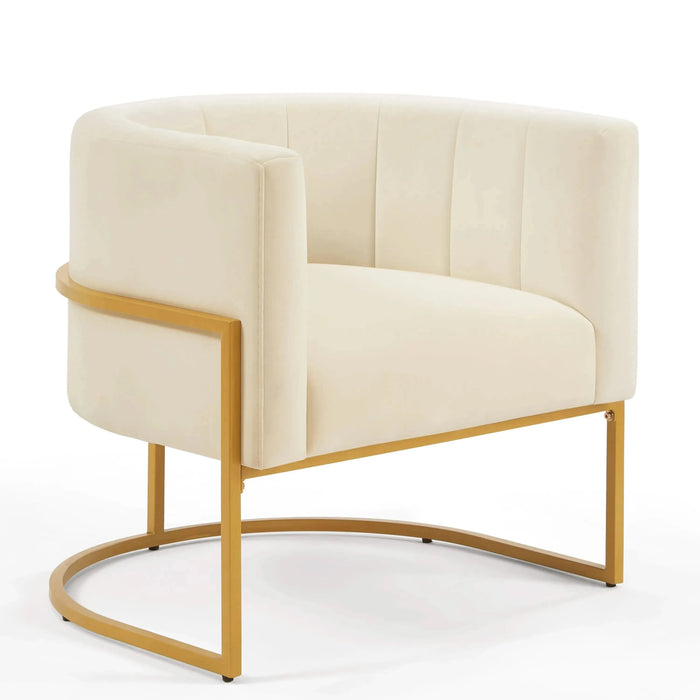 Upholstered Velvet Accent Chair with Golden Metal Stand, Mid-Century Curve Backrest Cream -DTYStore