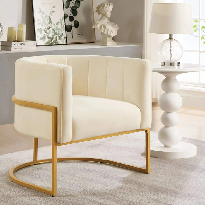 Upholstered Velvet Accent Chair with Golden Metal Stand, Mid-Century Curve Backrest Cream -DTYStore