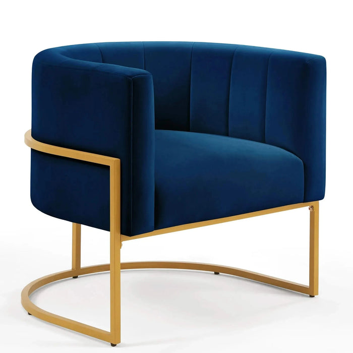 Upholstered Velvet Accent Chair with Golden Metal Stand, Mid-Century Curve Backrest Navy -DTYStore