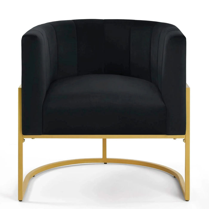 Upholstered Velvet Accent Chair with Golden Metal Stand, Mid-Century Curve Backrest Black -DTYStore