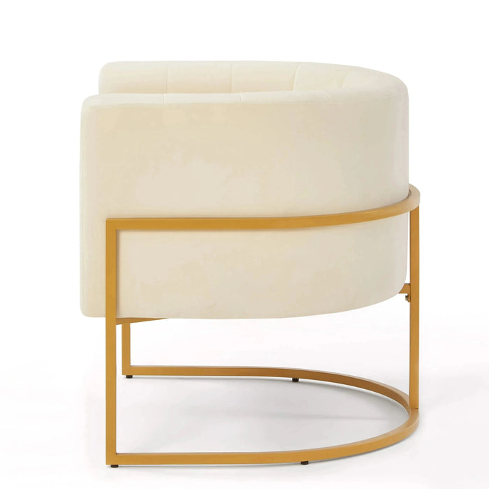 Upholstered Velvet Accent Chair with Golden Metal Stand, Mid-Century Curve Backrest Cream -DTYStore