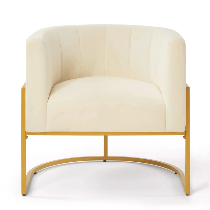 Upholstered Velvet Accent Chair with Golden Metal Stand, Mid-Century Curve Backrest Cream -DTYStore