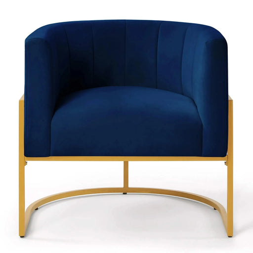 Upholstered Velvet Accent Chair with Golden Metal Stand, Mid-Century Curve Backrest Navy -DTYStore