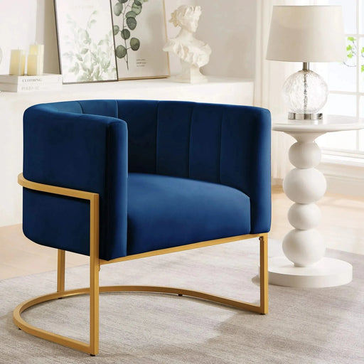Upholstered Velvet Accent Chair with Golden Metal Stand, Mid-Century Curve Backrest Navy -DTYStore