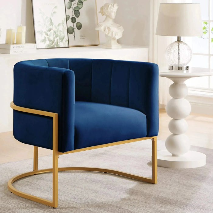 Upholstered Velvet Accent Chair with Golden Metal Stand, Mid-Century Curve Backrest Navy -DTYStore