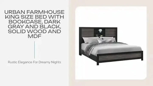Urban Farmhouse King Size Bed with Bookcase, Dark Gray and Black, Solid Wood and MDF #random_id#-DTYStore