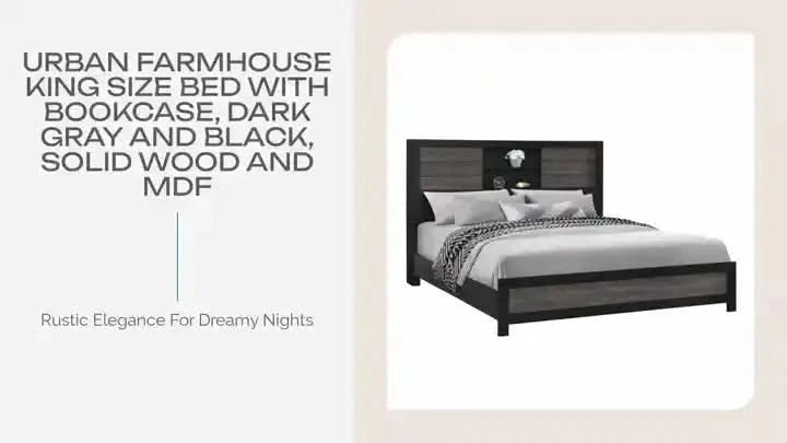Urban Farmhouse King Size Bed with Bookcase, Dark Gray and Black, Solid Wood and MDF #random_id#-DTYStore