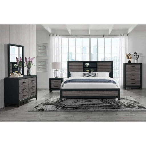 Urban Farmhouse King Size Bed with Bookcase, Dark Gray and Black, Solid Wood and MDF Default -DTYStore