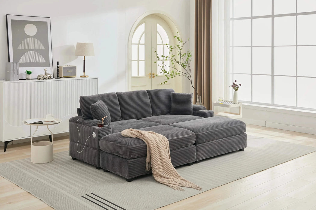 [VIDEO/New]Combination Modular Convertible Sectional Sofa Bed Set,Armrest storage, Stainless steel cup holder, USB, Upholstered Sofa, Deep Seat, Living Room, Loft, Apartment, Office, 2 Colors Default -DTYStore