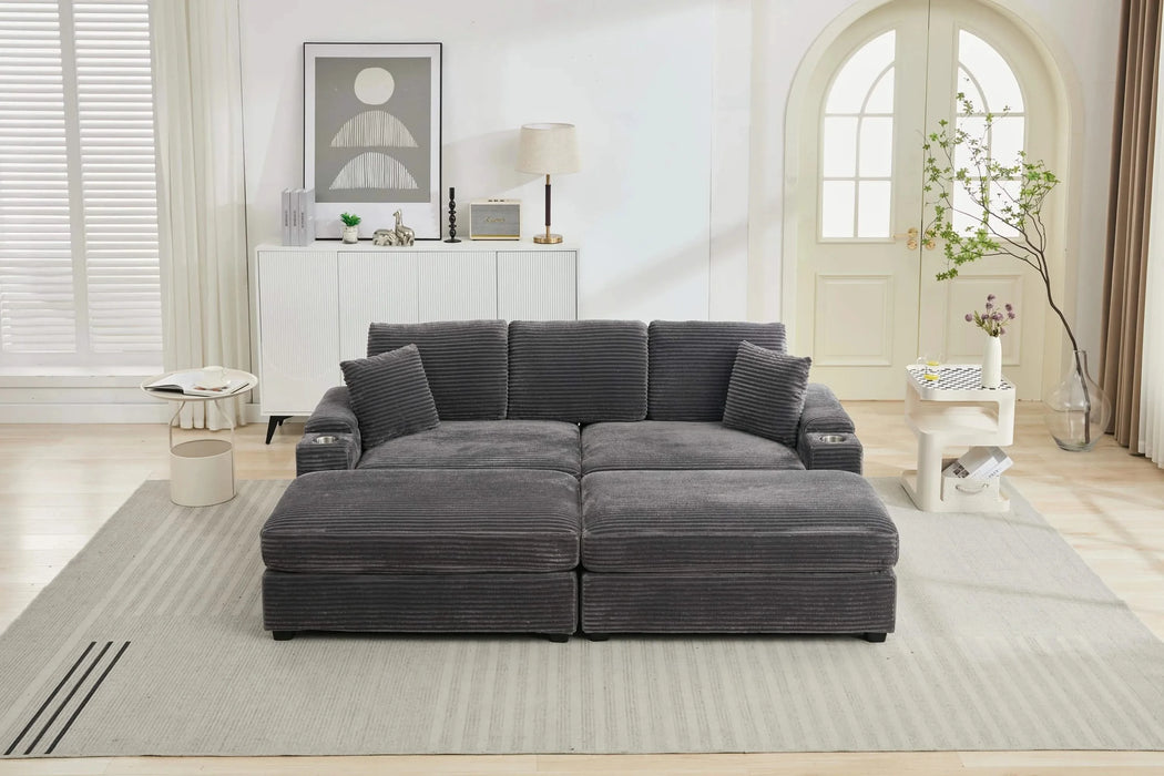 [VIDEO/New]Combination Modular Convertible Sectional Sofa Bed Set,Armrest storage, Stainless steel cup holder, USB, Upholstered Sofa, Deep Seat, Living Room, Loft, Apartment, Office, 2 Colors Default -DTYStore