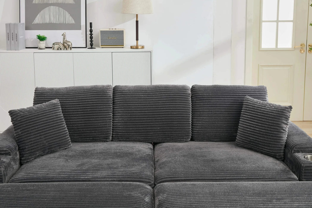 [VIDEO/New]Combination Modular Convertible Sectional Sofa Bed Set,Armrest storage, Stainless steel cup holder, USB, Upholstered Sofa, Deep Seat, Living Room, Loft, Apartment, Office, 2 Colors Default -DTYStore