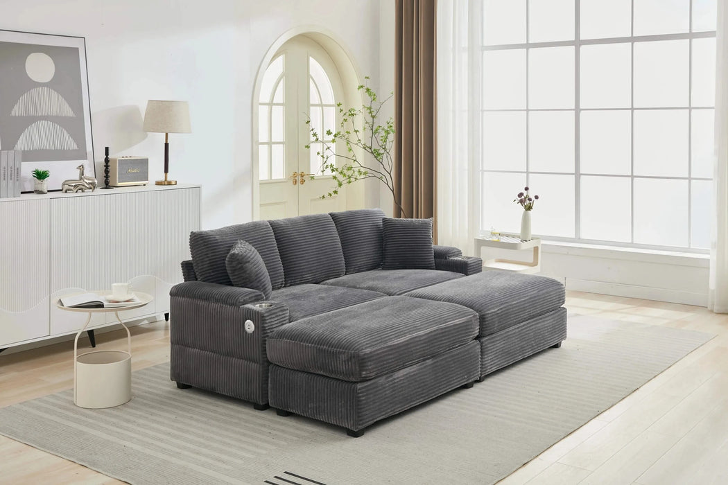 [VIDEO/New]Combination Modular Convertible Sectional Sofa Bed Set,Armrest storage, Stainless steel cup holder, USB, Upholstered Sofa, Deep Seat, Living Room, Loft, Apartment, Office, 2 Colors Default -DTYStore