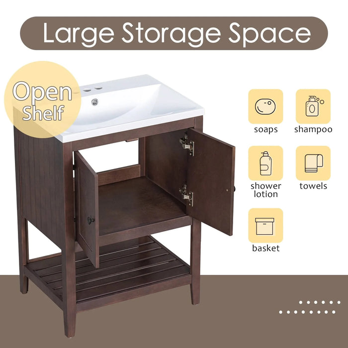 [VIDEO] 24' Brown Modern Sleek Bathroom Vanity Elegant Ceramic Sink with Solid Wood Frame Open Style Shelf Default -DTYStore
