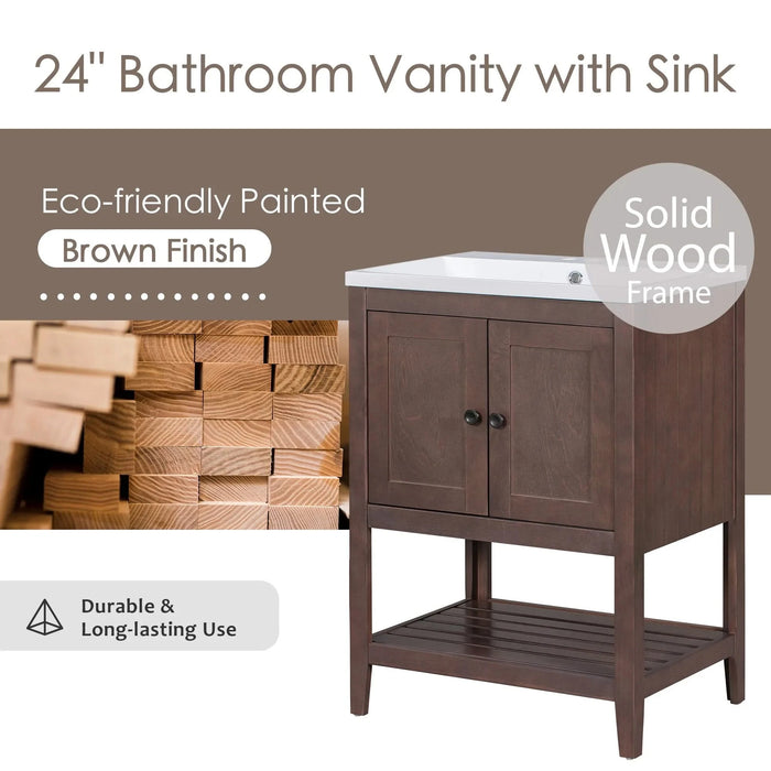 [VIDEO] 24' Brown Modern Sleek Bathroom Vanity Elegant Ceramic Sink with Solid Wood Frame Open Style Shelf Default -DTYStore