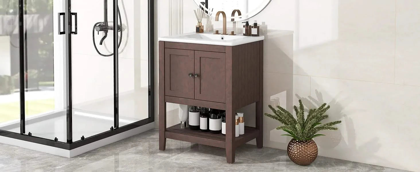 [VIDEO] 24' Brown Modern Sleek Bathroom Vanity Elegant Ceramic Sink with Solid Wood Frame Open Style Shelf Default -DTYStore