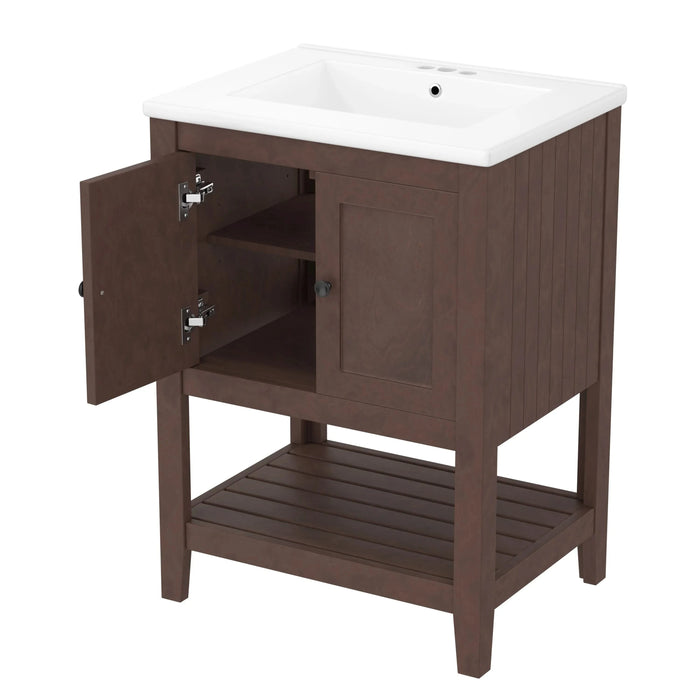[VIDEO] 24' Brown Modern Sleek Bathroom Vanity Elegant Ceramic Sink with Solid Wood Frame Open Style Shelf Default -DTYStore
